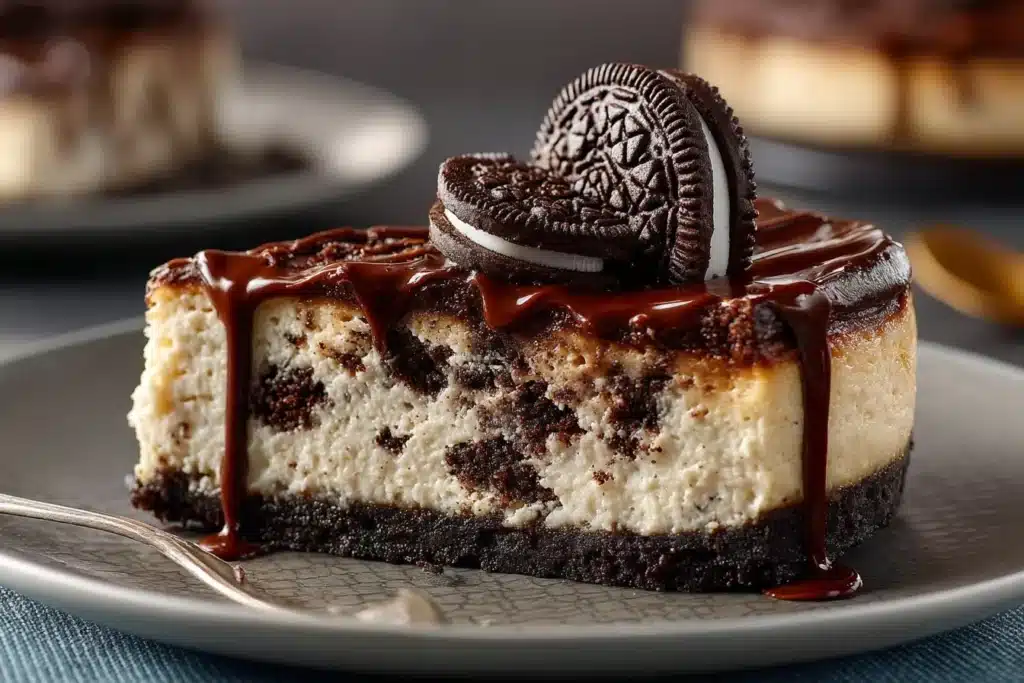 Simple Vegan Oreo Cheesecake Delight on a plate garnished with chocolate crumbs