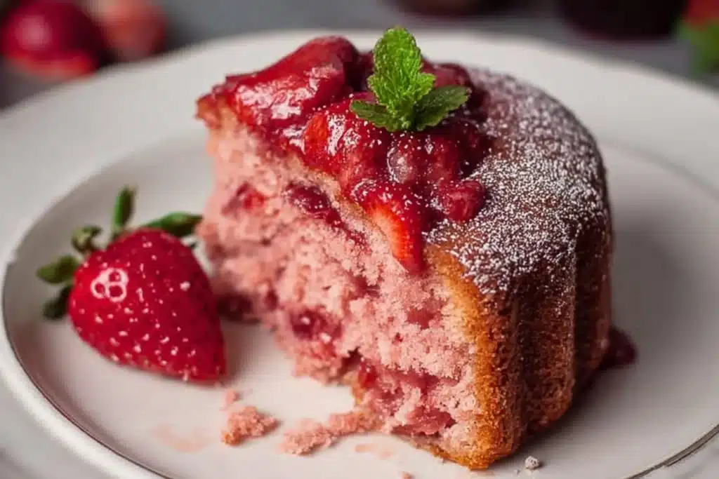 Small-batch vegan strawberry cake topped with fresh strawberries and coconut cream