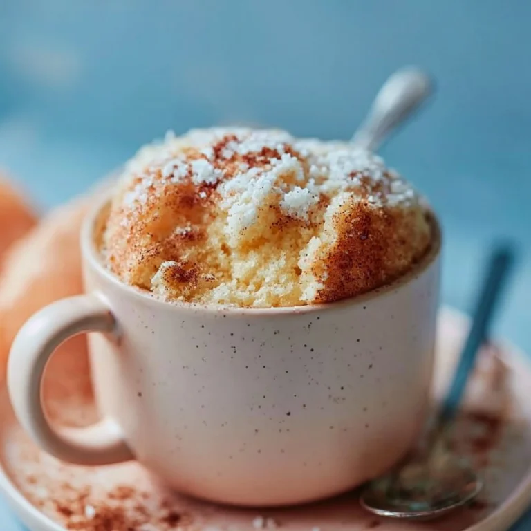 Delicious snickerdoodle mug cake topped with cinnamon and sugar