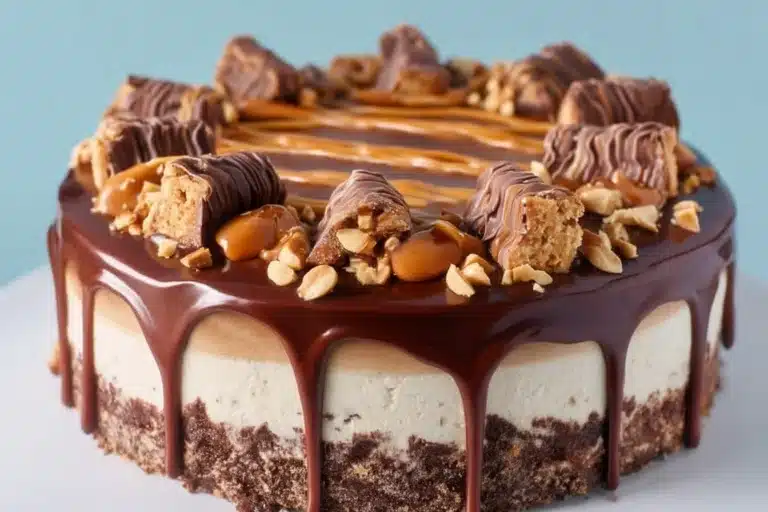 Delicious homemade Snickers Cake topped with chocolate and caramel