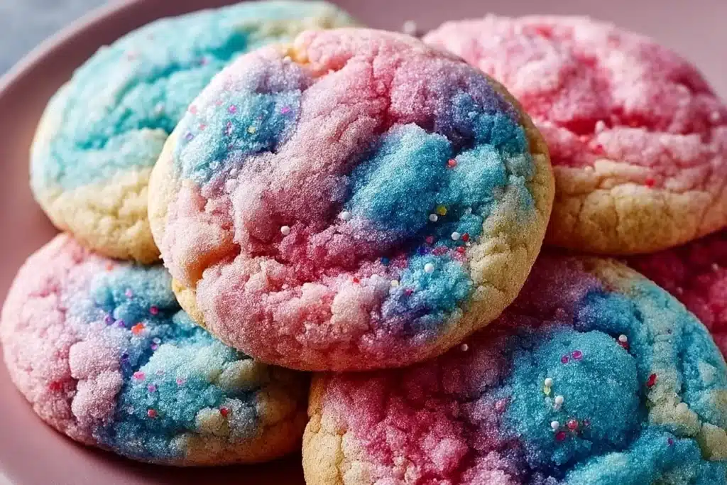Delicious soft cotton candy sugar cookies on a colorful plate
