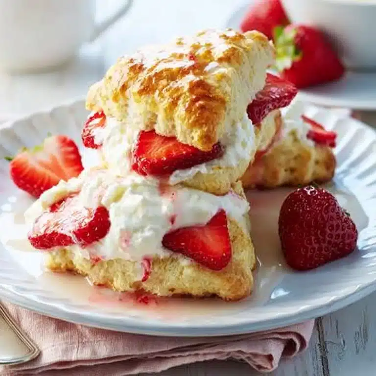 Freshly baked strawberries and cream scones on a rustic wooden table