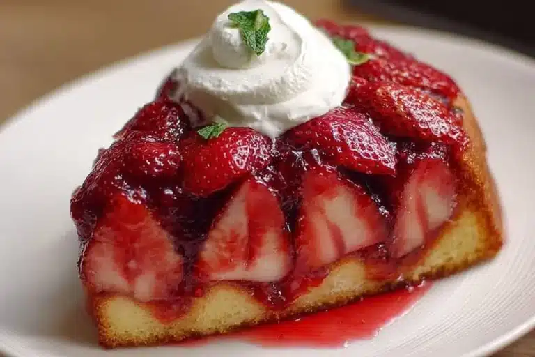 Delicious homemade strawberry cake with fresh strawberries on top