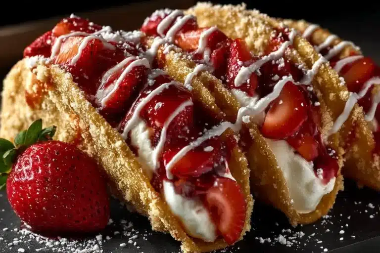 Strawberry Cheesecake Tacos dessert on a plate with fresh strawberries