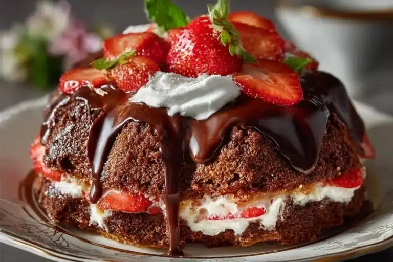 Delicious Strawberry Chocolate Shell Cake with rich chocolate and fresh strawberries