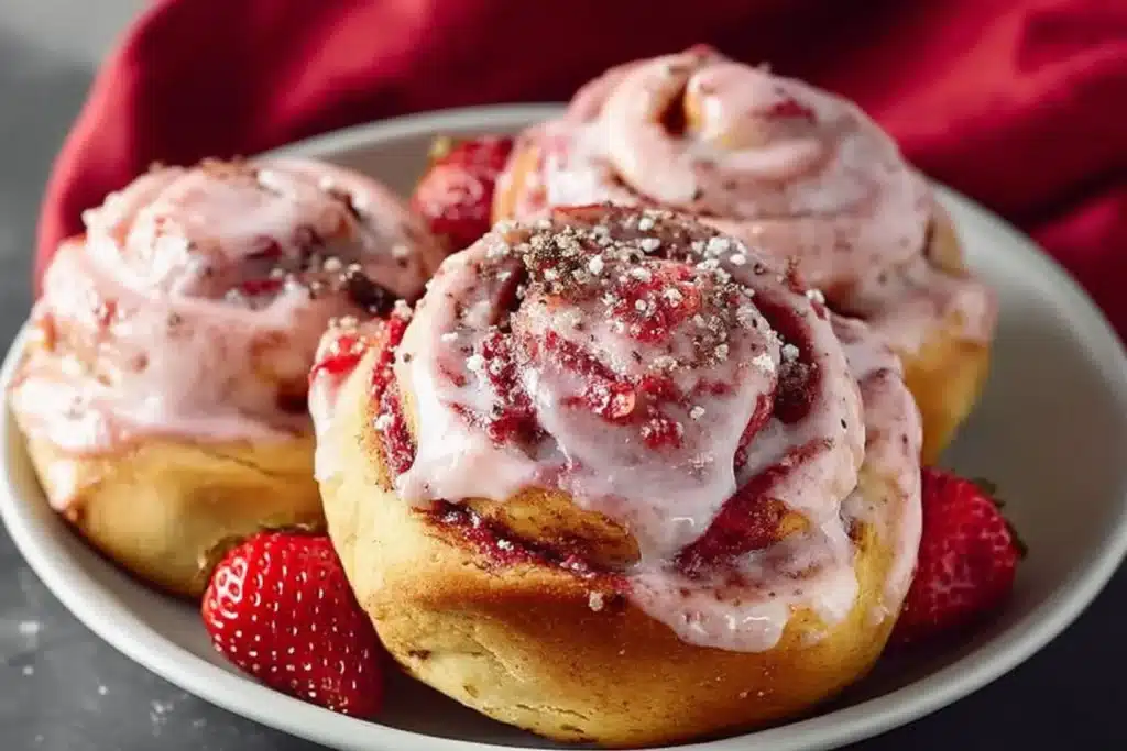Delicious strawberry cinnamon rolls fresh out of the oven, topped with glaze.