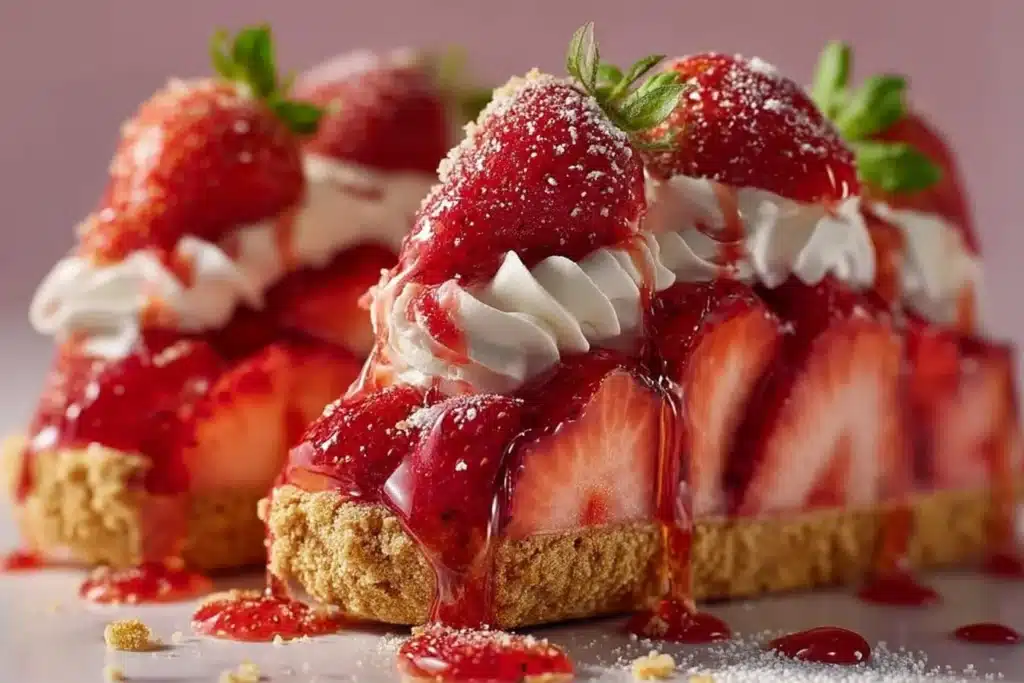 Delicious strawberry cookie boats topped with fresh strawberries and cream.