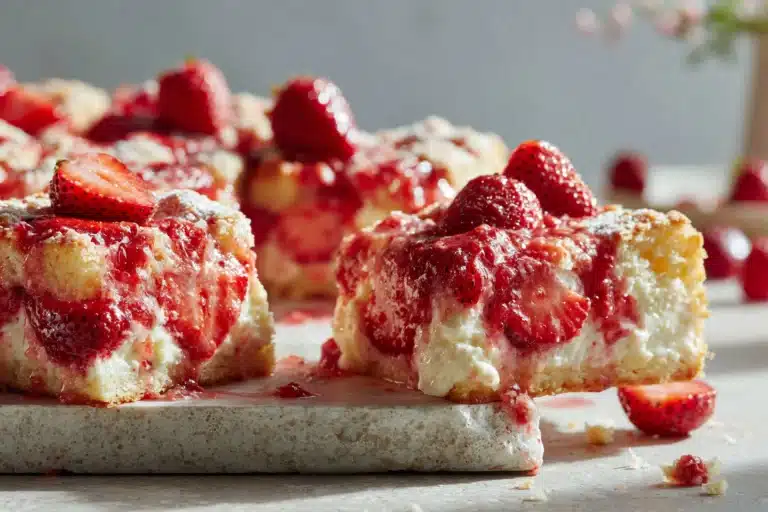 Delicious strawberry cream cheese cobbler served in a bowl