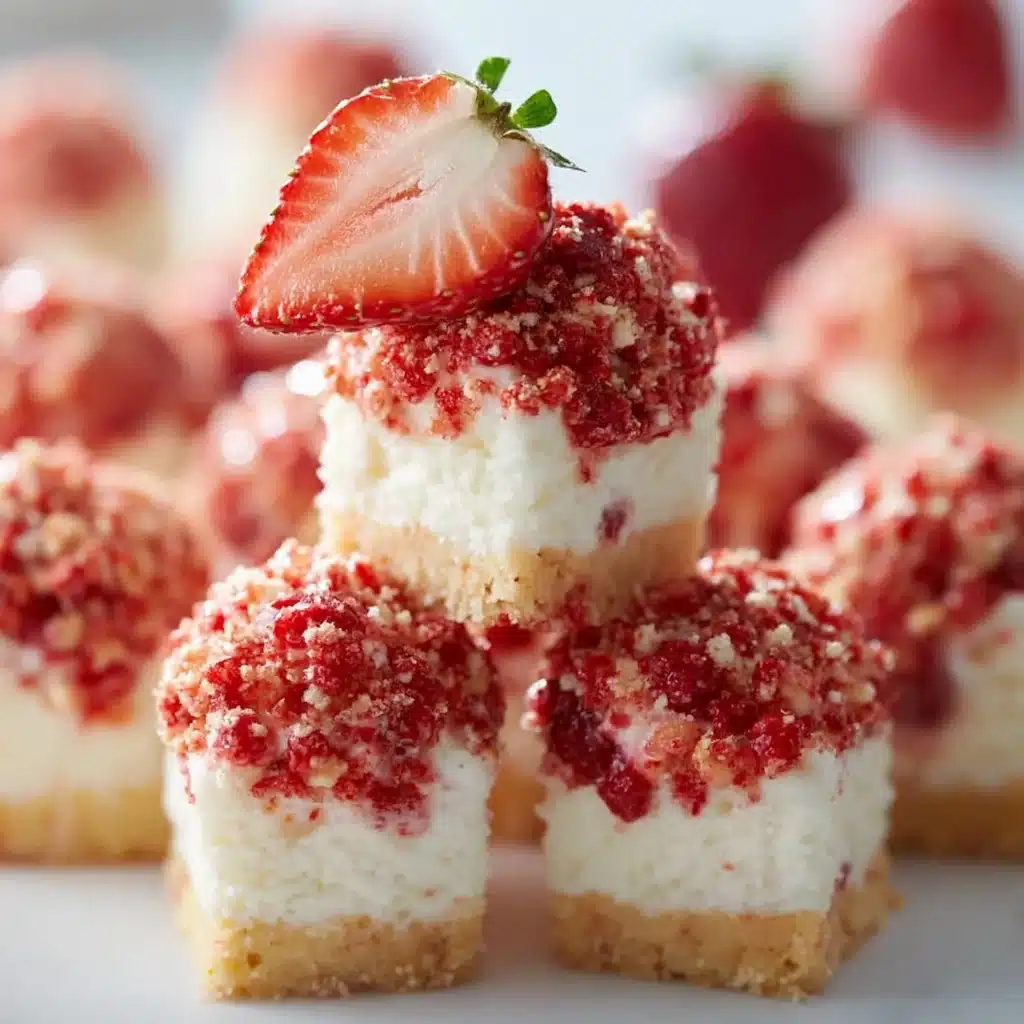 Delicious strawberry crunch cheesecake bites served on a plate.
