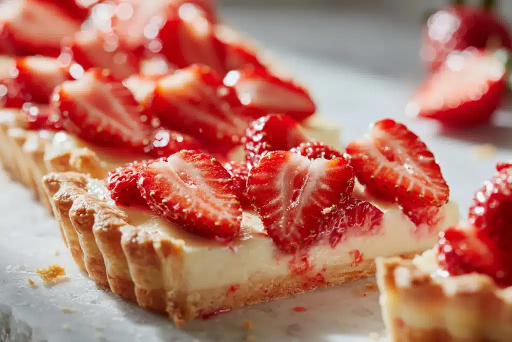 Delicious homemade Strawberry Custard Tart with fresh strawberries and creamy filling.