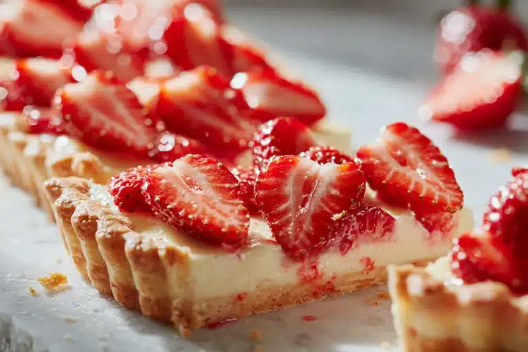 Delicious homemade Strawberry Custard Tart with fresh strawberries and creamy filling.