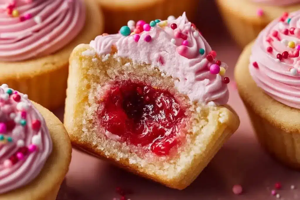 Delicious strawberry lemon sugar cookie cups on a rustic wooden table