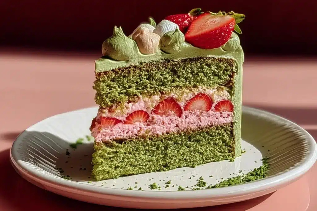 Strawberry Matcha Latte Cake topped with fresh strawberries and green tea frosting