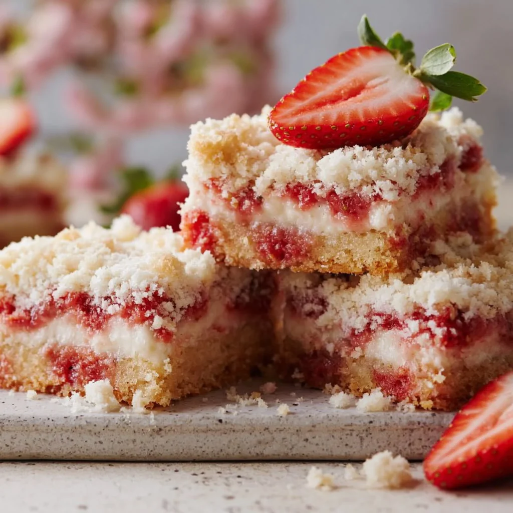 Delicious strawberry shortcake bars topped with fresh strawberries and whipped cream.