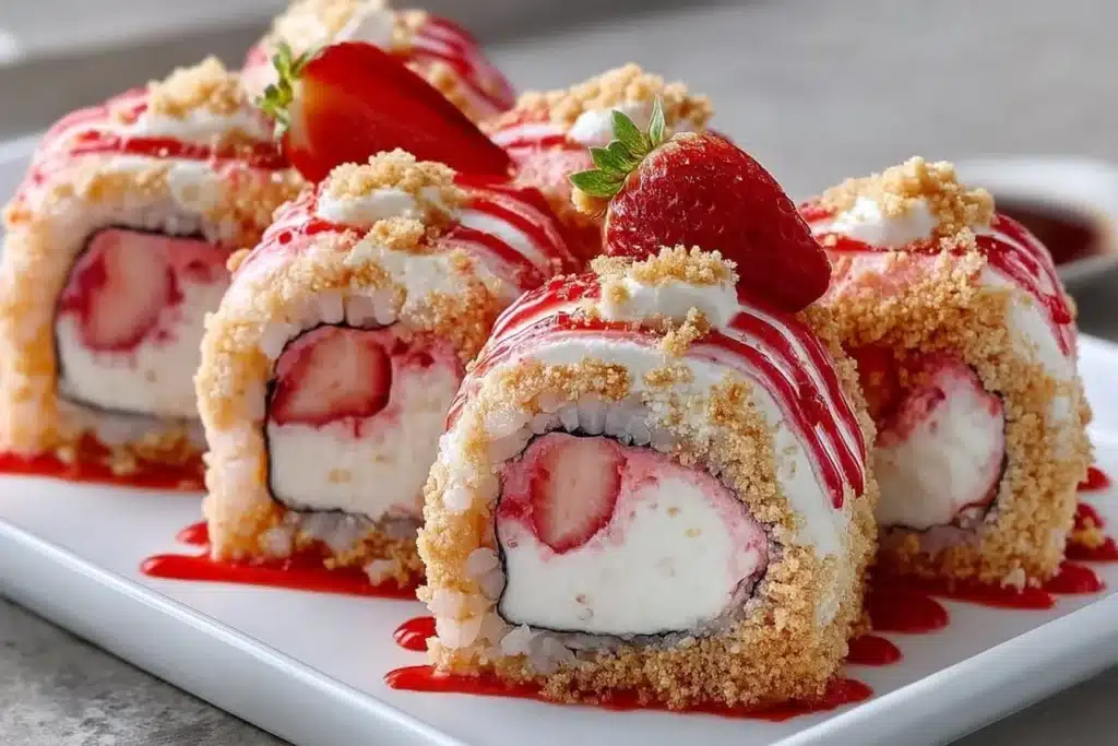 Delicious strawberry shortcake cheesecake sushi rolls on a plate.