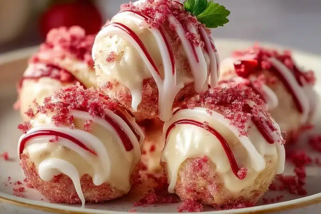 Strawberry Shortcake Truffles adorned with fresh strawberries and creamy frosting.