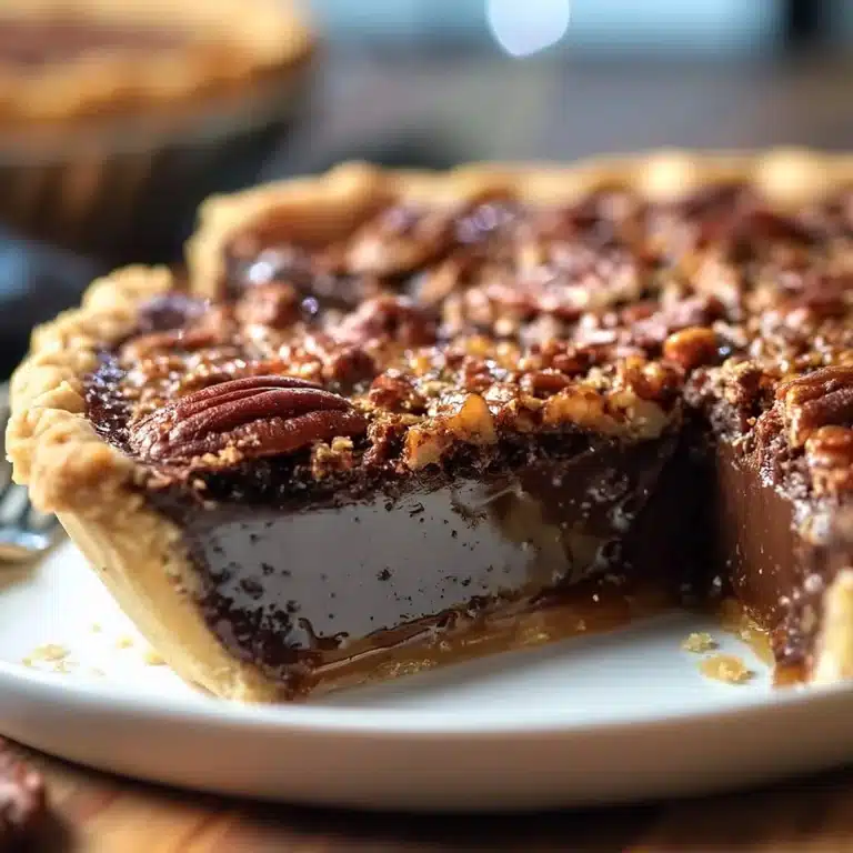 A delicious Texas chocolate pecan pie with flaky crust and rich chocolate filling.