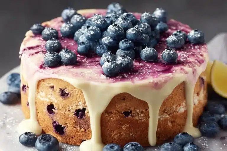 Delicious homemade blueberry cake with fresh blueberries and frosting