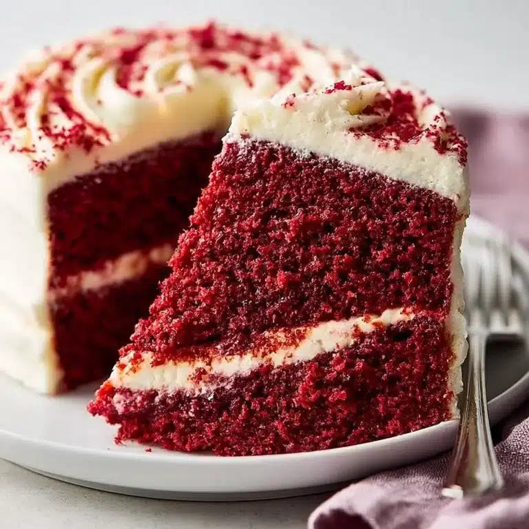 A delicious slice of red velvet cake with cream cheese frosting on a plate