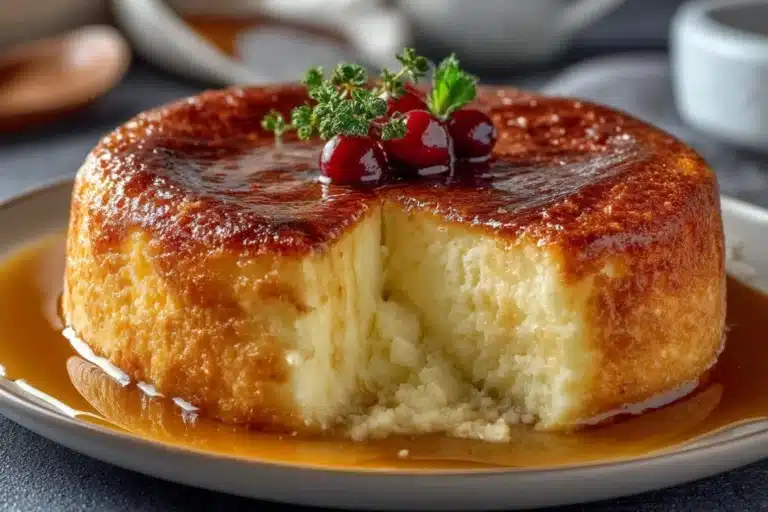 Delicious three-ingredient yogurt cake served on a rustic table.