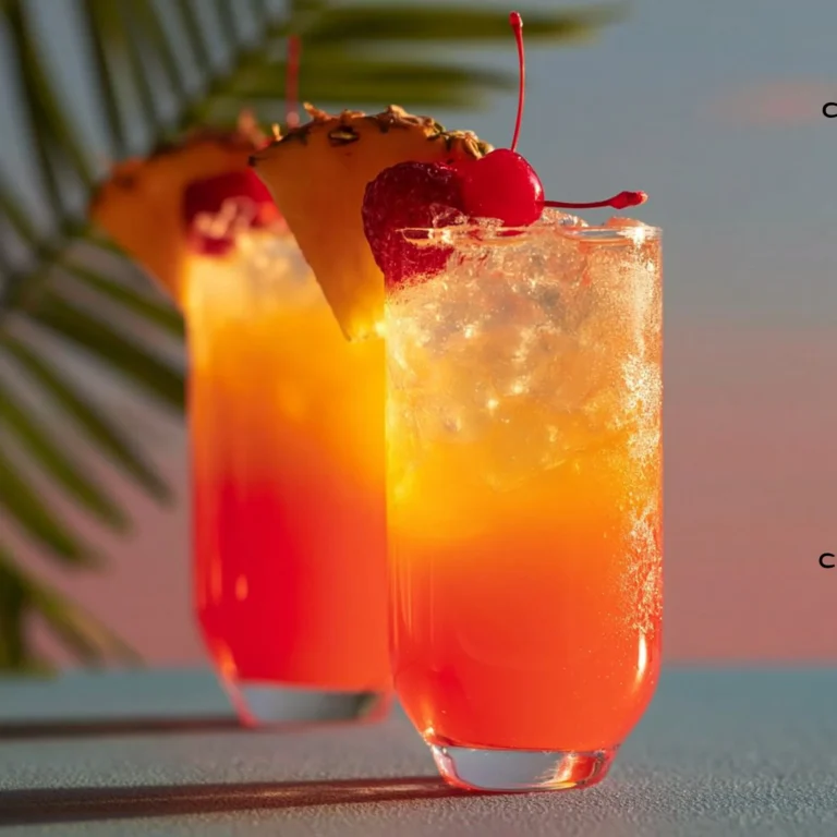 A vibrant Tropical Vodka Sunrise cocktail garnished with a slice of orange