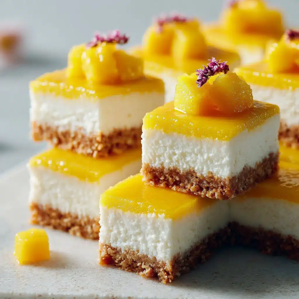 Vegan mango cheesecake bars garnished with fresh mango slices on a plate