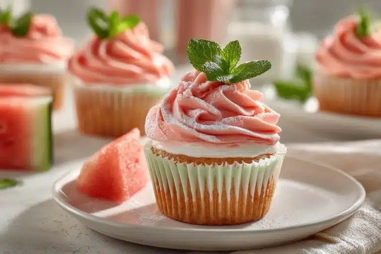 Delicious watermelon cupcakes topped with vibrant green frosting