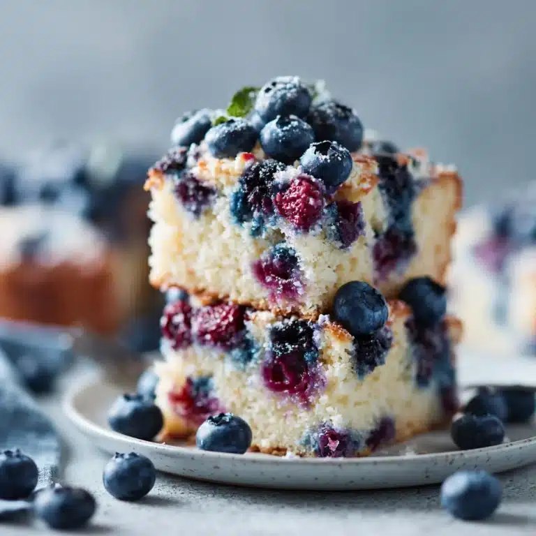 Slice of White Chocolate Blueberry Cake topped with fresh blueberries and white chocolate shavings.