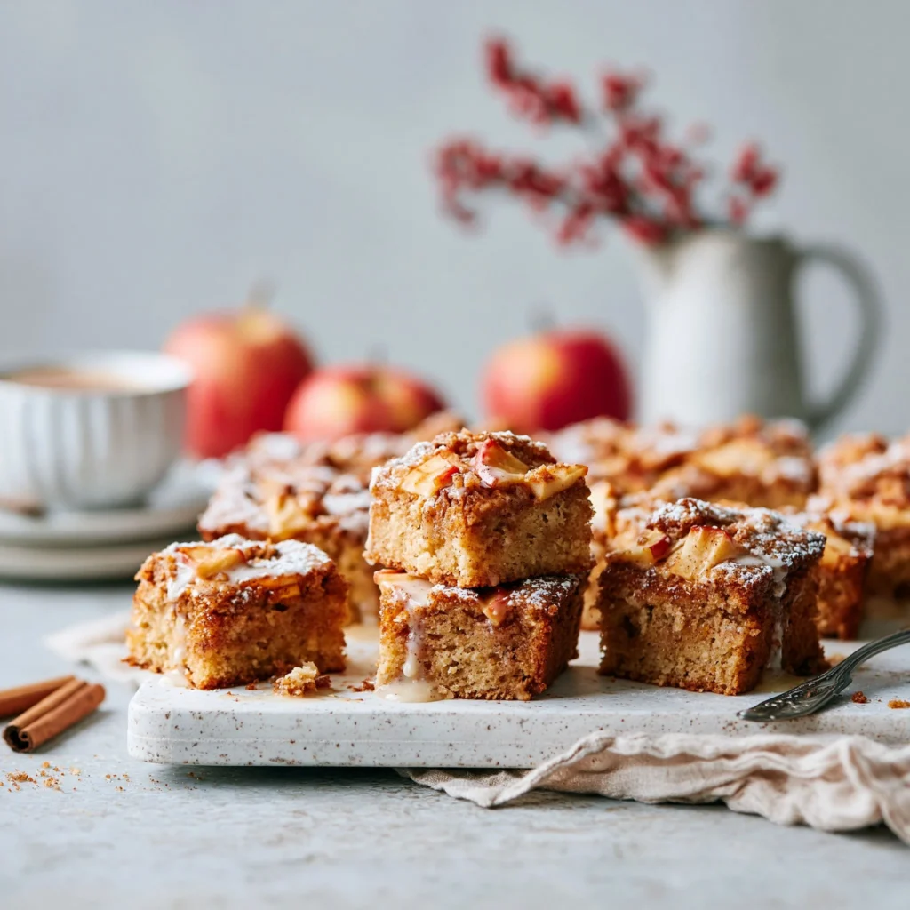 Slice of moist Apple Cinnamon Sheet Cake on a wooden table.