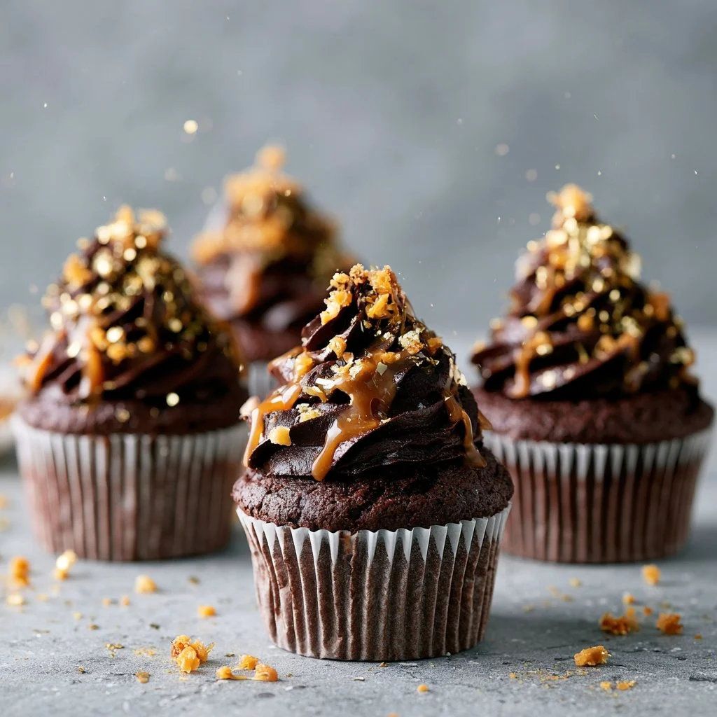 Delicious chocolate caramel cupcakes topped with creamy caramel drizzle