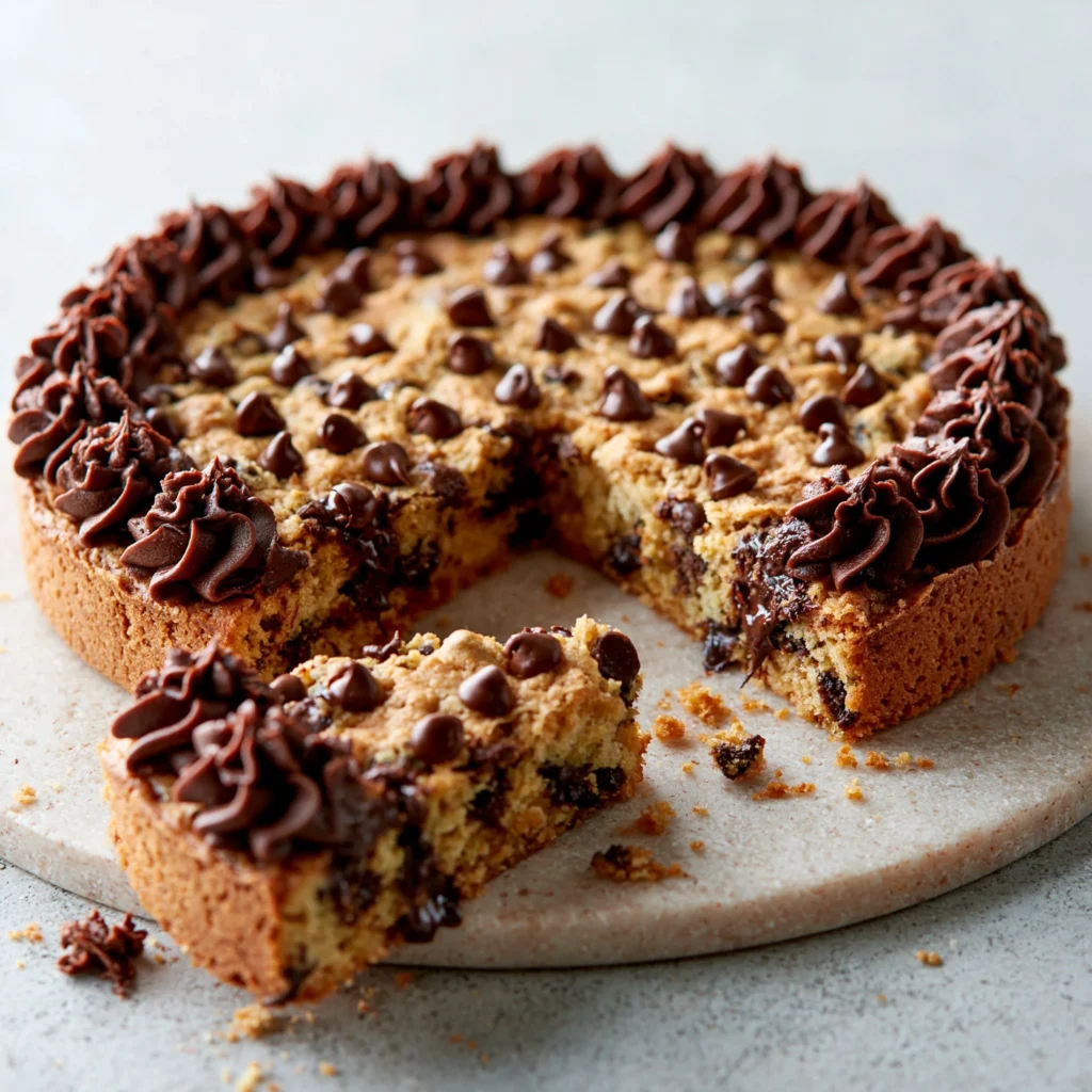 Delicious chocolate chip cookie cake sliced and served on a plate