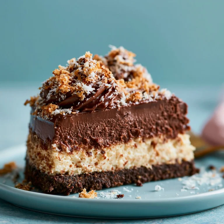 Delicious slice of German Cocoa Cheesecake on a plate with chocolate garnishing