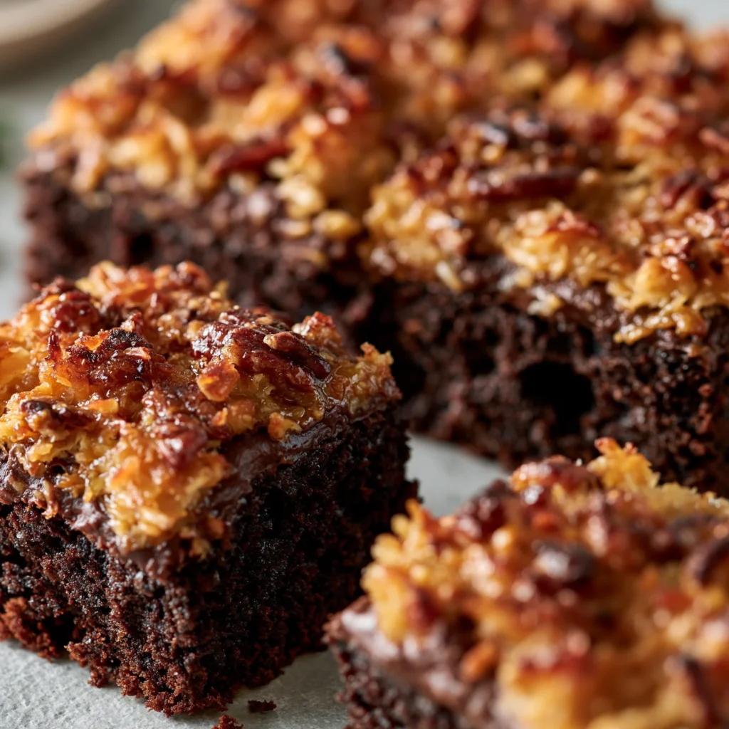 Slice of best poke cake with German chocolate frosting on a plate