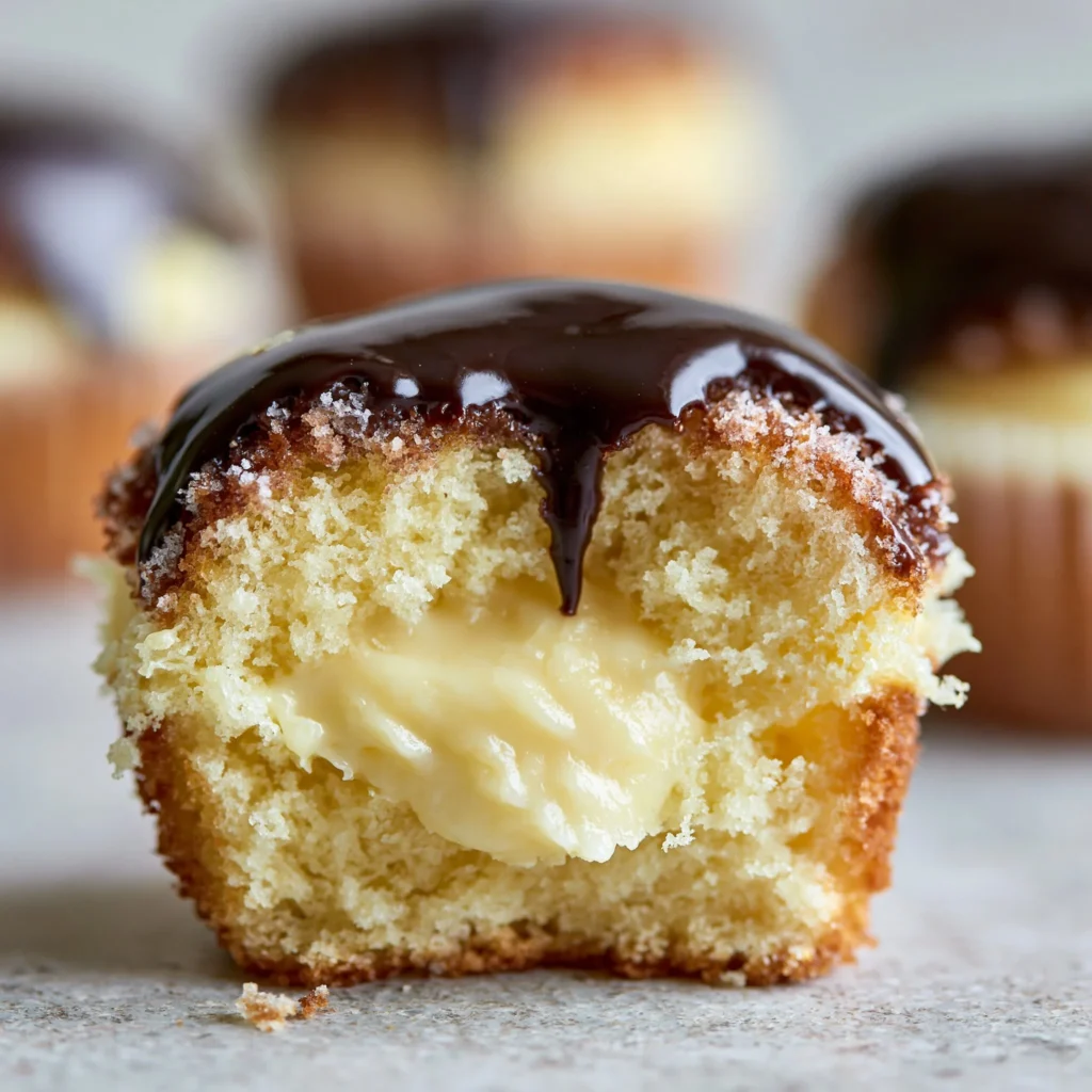 Delicious Boston Cream Cupcake with chocolate ganache and vanilla cream filling
