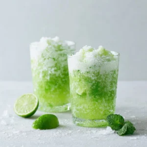 Glass of Brazilian lemonade made with creamy coconut milk, garnished with lime.