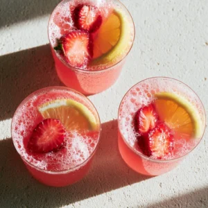 A refreshing glass of Brazilian Strawberry Lemonade garnished with fresh strawberries.