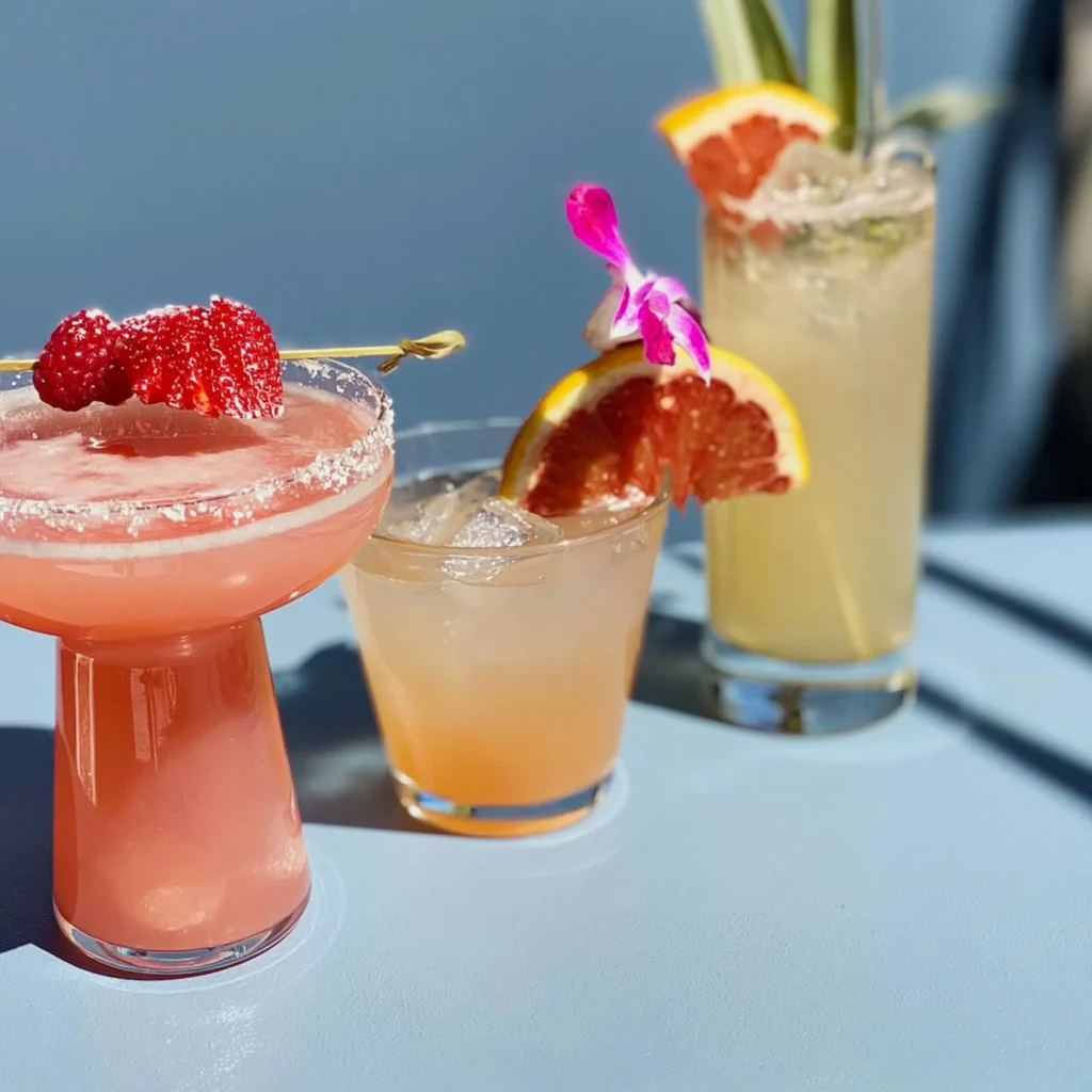 A variety of colorful brunch drinks including mimosas and coffee cocktails.