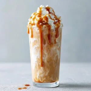 Delicious caramel frappe topped with whipped cream and caramel drizzle.