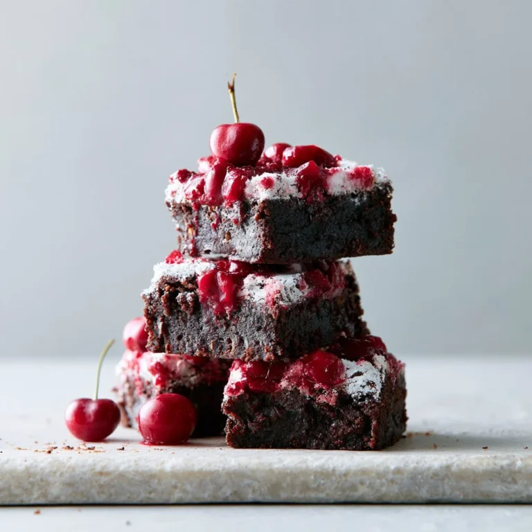 Delicious cherry brownies topped with fresh cherries and chocolate drizzle