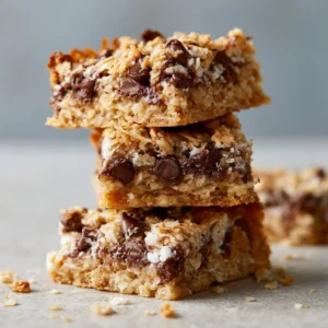Chewy oatmeal chocolate chip bars topped with chocolate chips and oats