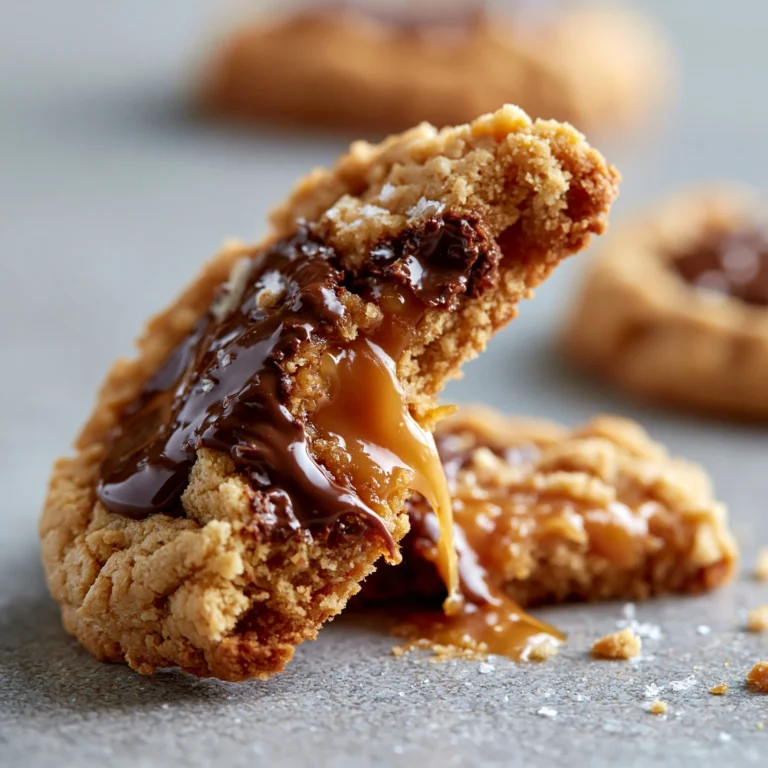 Deliciously chewy peanut butter chocolate caramel cookies on a plate