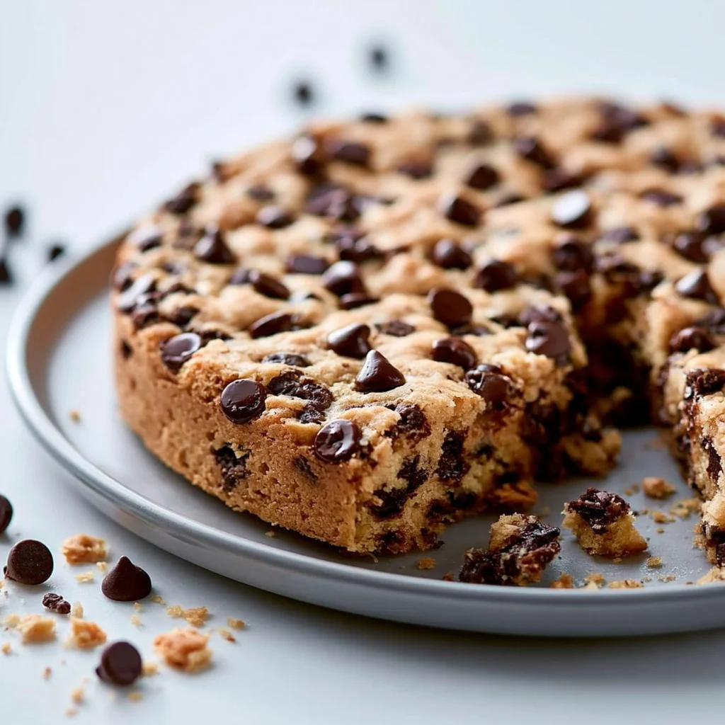 Chocolate Chip Cookie Cake topped with melted chocolate chips and cream frosting