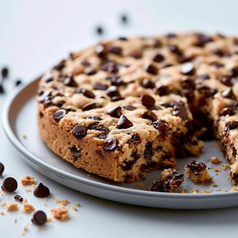 Chocolate Chip Cookie Cake topped with melted chocolate chips and cream frosting