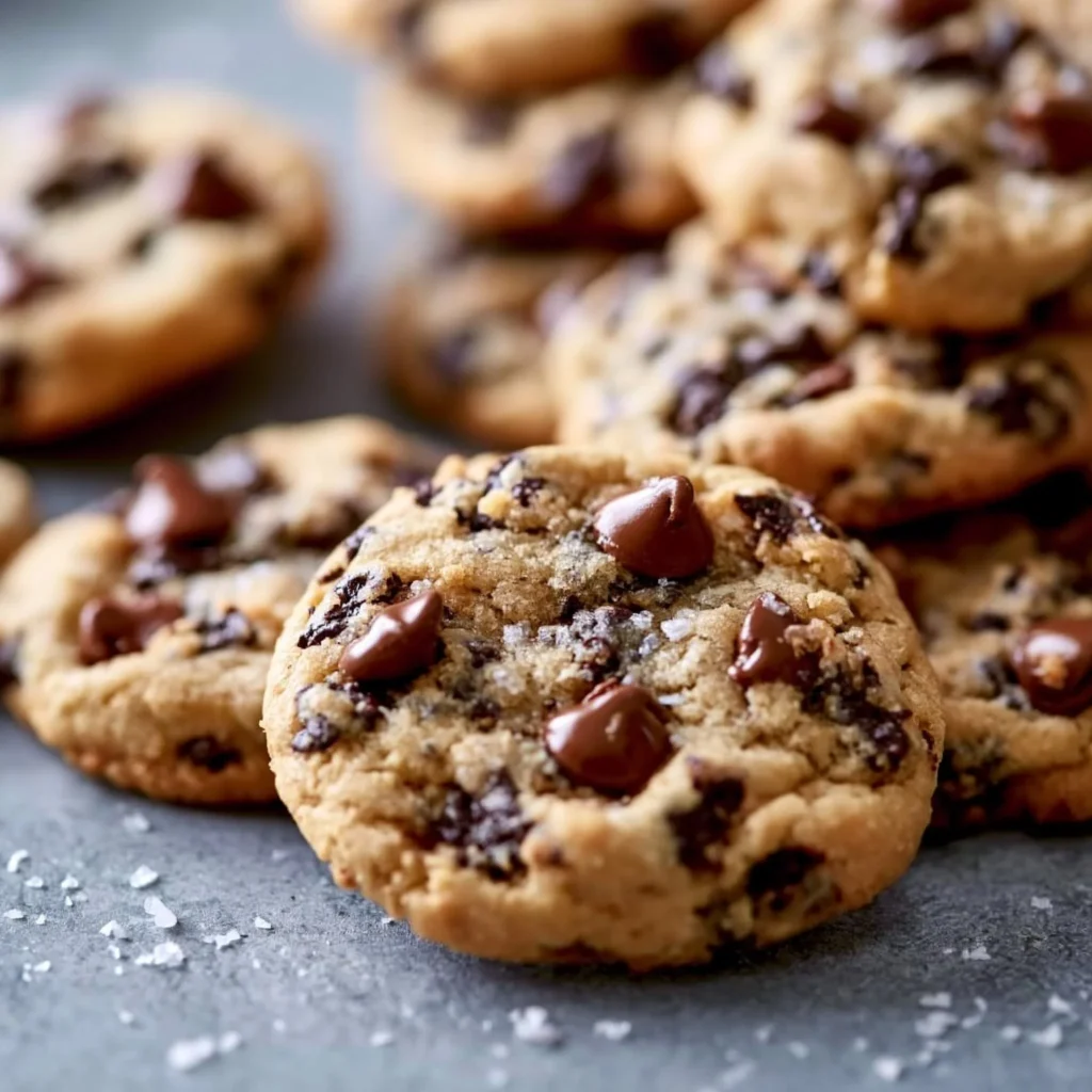 Freshly baked chocolate chip cookies on a baking sheet