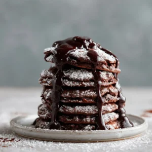 Delicious chocolate pancakes with a rich chocolate drizzle on top