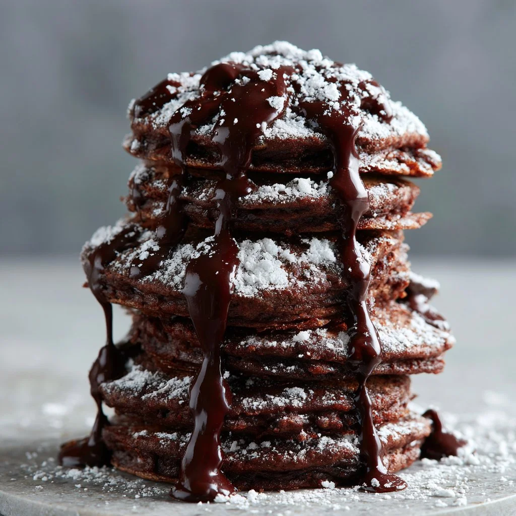 Chocolate pancakes with drizzle | Chocolte drizzle on pancakes, How to drizzle chocolate, Dessert foods