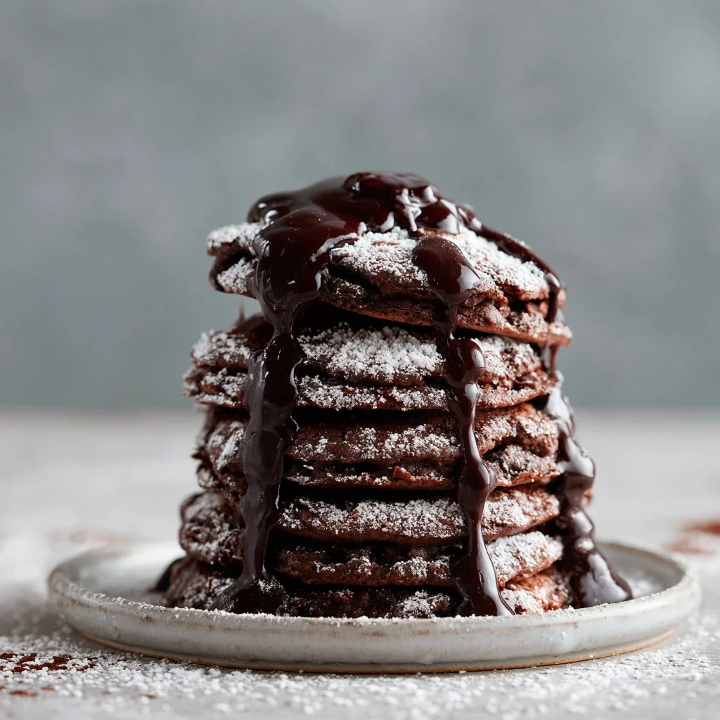 Chocolate pancakes with drizzle | Chocolte drizzle on pancakes, How to drizzle chocolate, Dessert foods