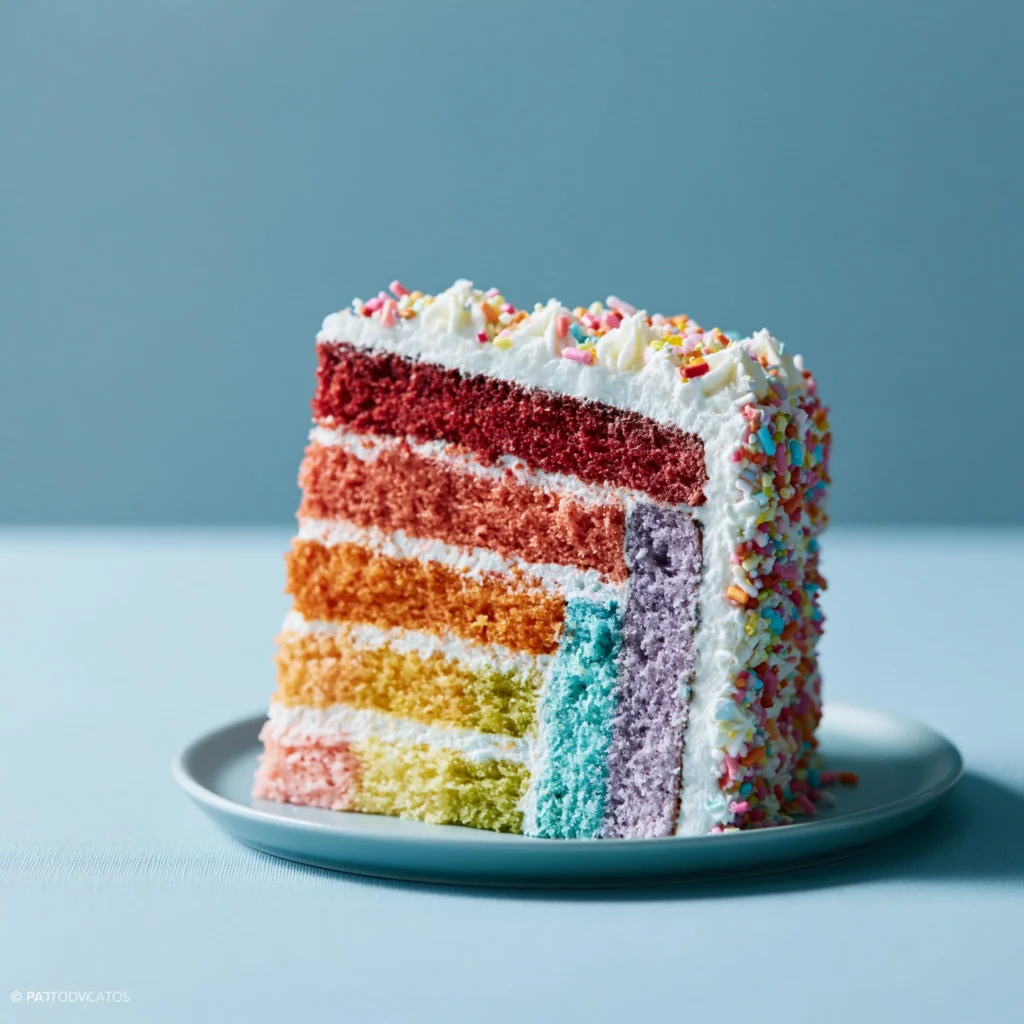 Slice of Chocolate Rainbow Moonbow Cake with colorful layers and chocolate frosting