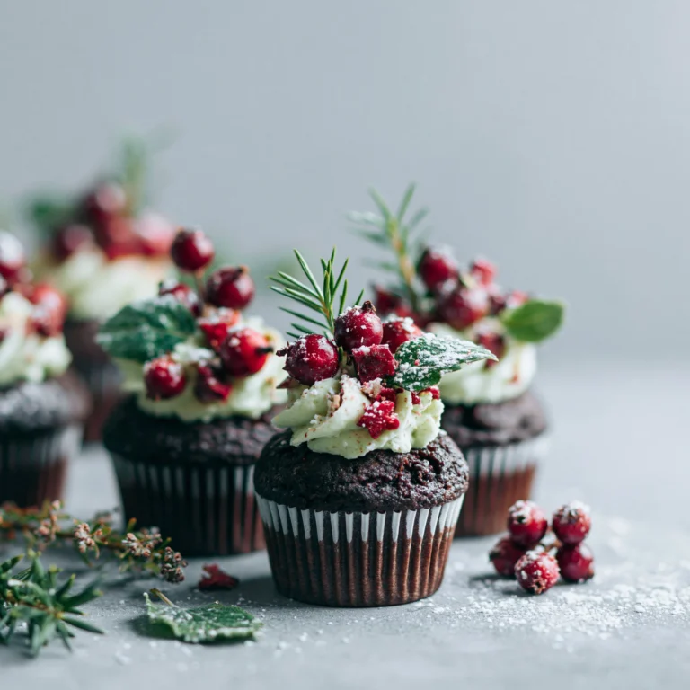 Beautifully decorated Christmas cupcakes displayed on a festive table.