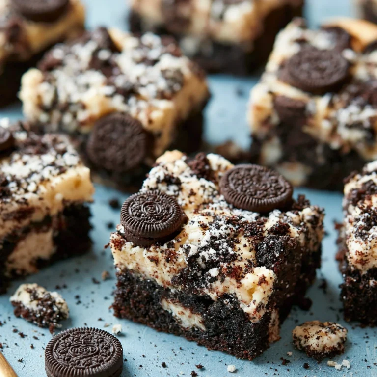 Delicious homemade Cookies and Cream Brownies topped with crushed Oreos.
